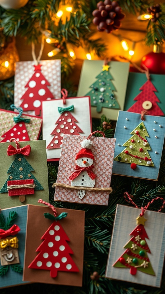 Handmade Christmas cards made from scrap paper, showcasing unique designs and festive colors.